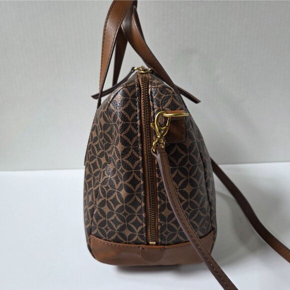 Fossil Sydney Brown Geometric Coated Canvas Satchel Crossbody Bag Boho Preppy - Picture 5 of 12
